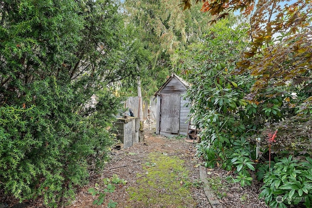 view of yard with a shed