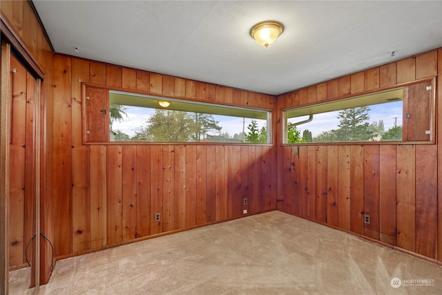 carpeted spare room with wooden walls