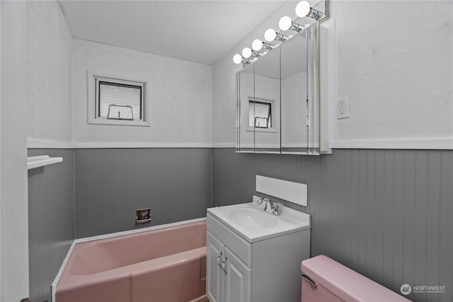 bathroom featuring vanity, a bathtub, toilet, and a textured ceiling