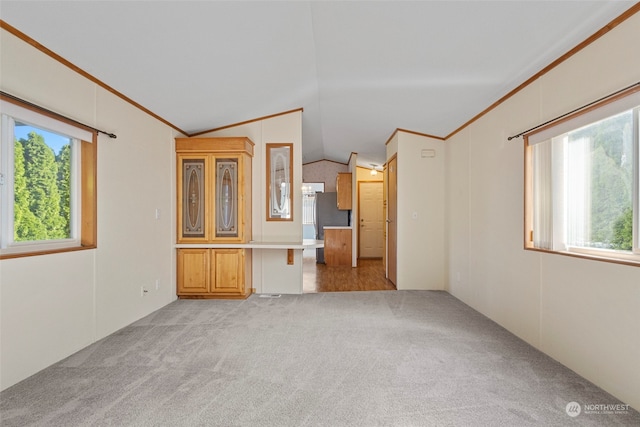 unfurnished living room with light colored carpet, crown molding, and vaulted ceiling