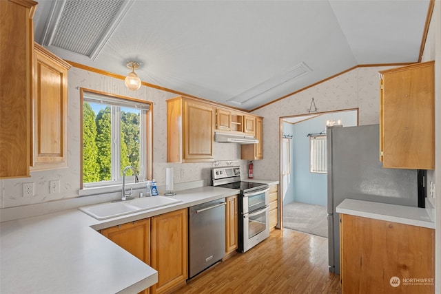 kitchen with sink, vaulted ceiling, light hardwood / wood-style flooring, appliances with stainless steel finishes, and crown molding