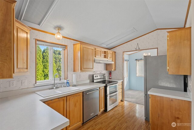 225 NE Ernst St Unit 61, Oak Harbor, WA 98277 - kitchen featuring appliances with stainless steel finishes, under cabinet range hood, a sink, vaulted ceiling, and light wood-style flooring