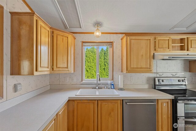 225 NE Ernst St Unit 61, Oak Harbor, WA 98277 - kitchen featuring stainless steel electric range oven, a sink, range hood, light countertops, and wallpapered walls