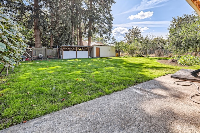 view of yard featuring a storage unit and a patio area