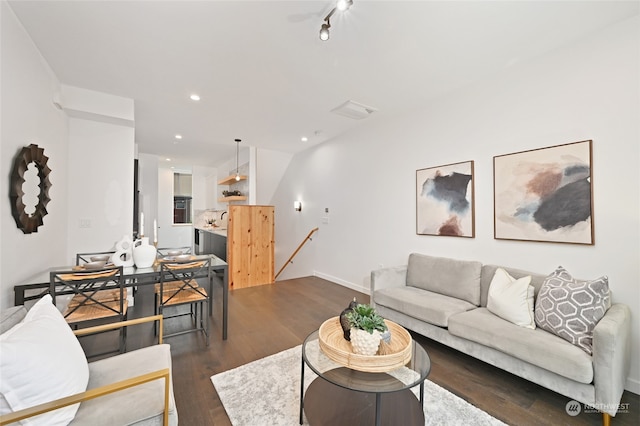 living room featuring dark wood-type flooring