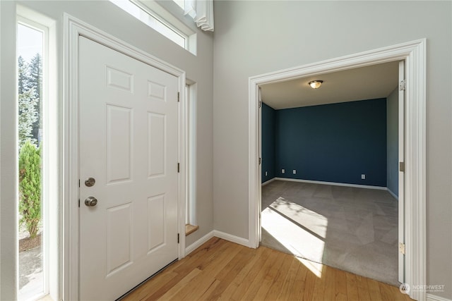 foyer entrance with a healthy amount of sunlight and light hardwood / wood-style floors