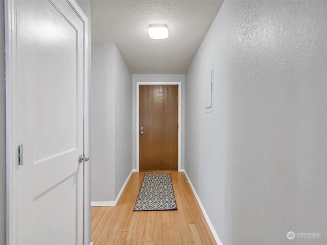 doorway to outside featuring light hardwood / wood-style floors and a textured ceiling