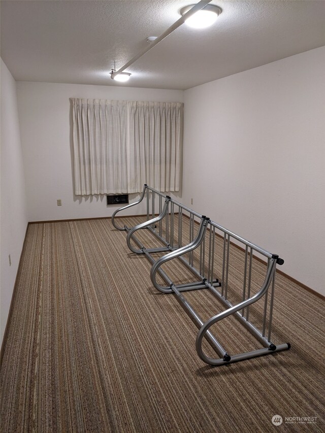 workout area featuring carpet and a textured ceiling