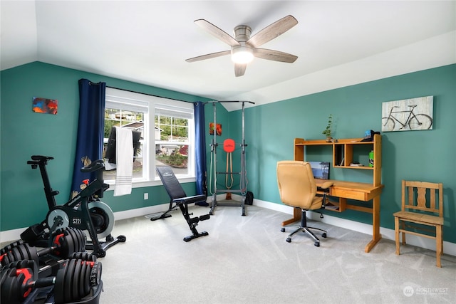 home office with ceiling fan, lofted ceiling, and carpet flooring