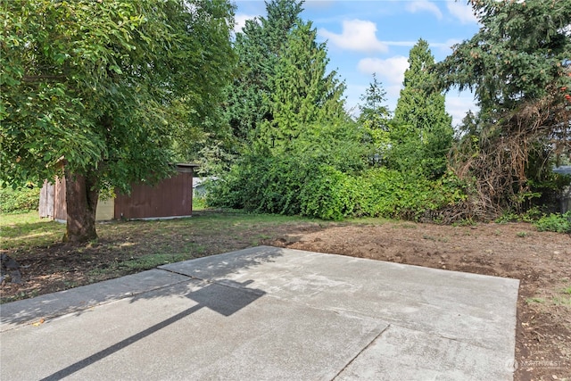 view of patio / terrace featuring a storage unit