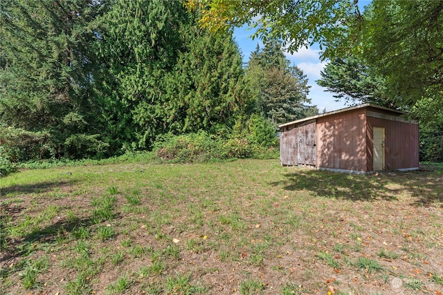 view of yard with a storage shed