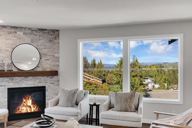 living room with a wealth of natural light, hardwood / wood-style flooring, and a stone fireplace