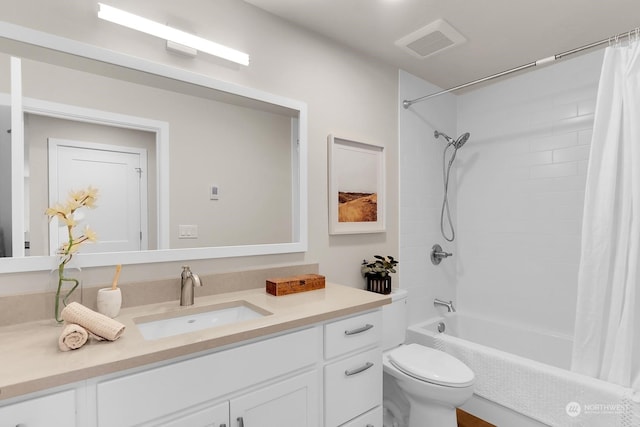 full bathroom with vanity, toilet, and shower / bathtub combination with curtain