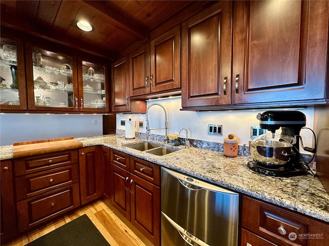 kitchen featuring light hardwood / wood-style floors, wood ceiling, dishwasher, beamed ceiling, and sink