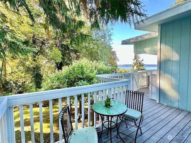 wooden deck with a water view