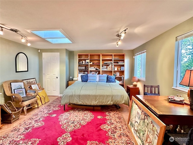 bedroom with track lighting and a skylight