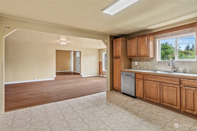 kitchen featuring sink, tasteful backsplash, stainless steel dishwasher, a textured ceiling, and light hardwood / wood-style floors