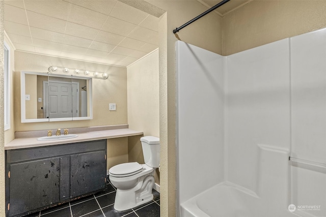 full bathroom featuring tile patterned floors,  shower combination, vanity, and toilet