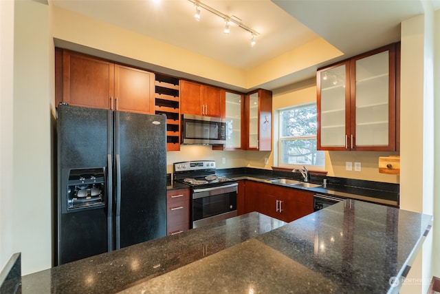 kitchen featuring dark stone countertops, a tray ceiling, appliances with stainless steel finishes, and sink