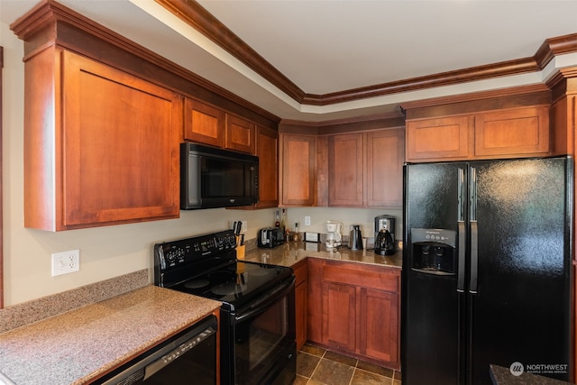 kitchen with ornamental molding and black appliances