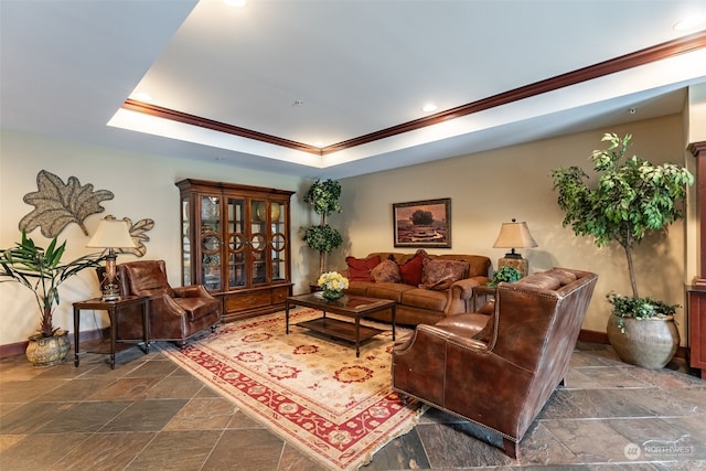 living room featuring a tray ceiling and crown molding