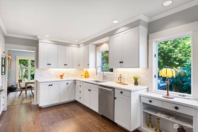 1406 Mcgilvra Blvd E, Seattle, WA 98112 - kitchen featuring ornamental molding, sink, white cabinetry, dishwasher, and dark hardwood / wood-style floors