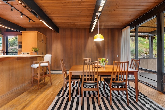 dining room featuring light hardwood / wood-style flooring, beam ceiling, and a healthy amount of sunlight