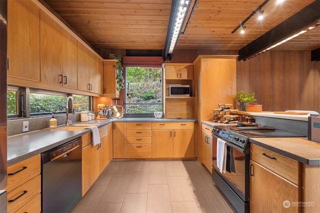 kitchen with appliances with stainless steel finishes, a healthy amount of sunlight, wood ceiling, and wooden walls