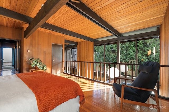 bedroom featuring light hardwood / wood-style flooring, wooden walls, beam ceiling, and wooden ceiling