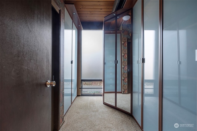 hallway featuring wooden ceiling and carpet floors