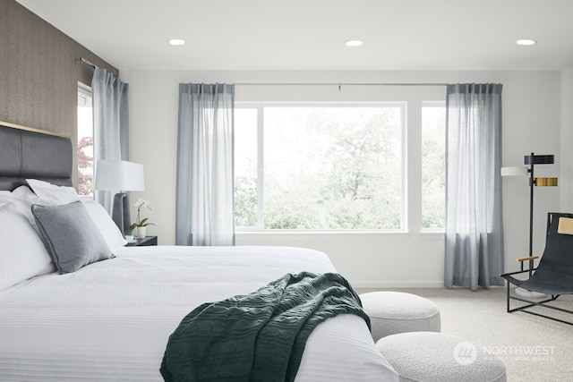 bedroom with carpet flooring, baseboards, and recessed lighting