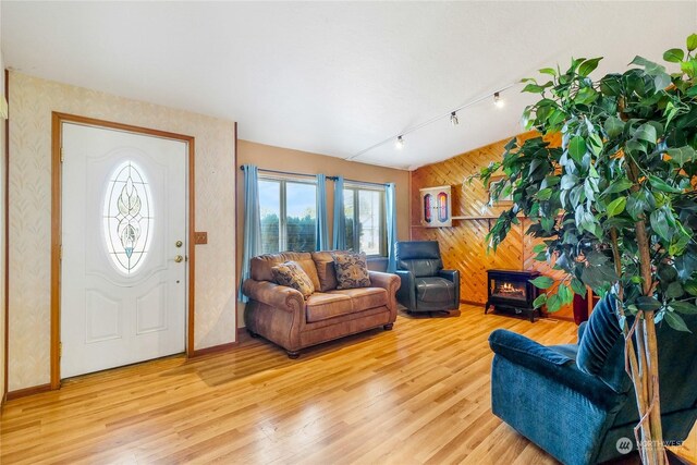 living room with rail lighting and light hardwood / wood-style flooring