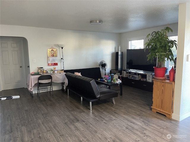 living room with a textured ceiling and dark wood-type flooring