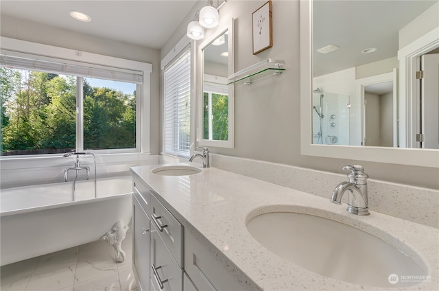 bathroom with vanity and separate shower and tub