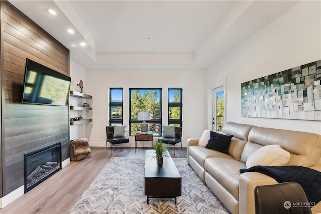 living room with a raised ceiling and hardwood / wood-style floors