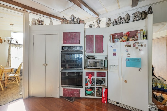 kitchen featuring dark hardwood / wood-style flooring, an inviting chandelier, white refrigerator with ice dispenser, beamed ceiling, and double oven