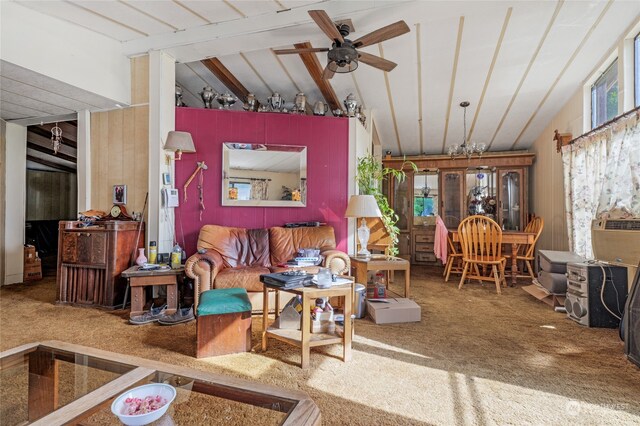 living room with lofted ceiling with beams, carpet flooring, and ceiling fan