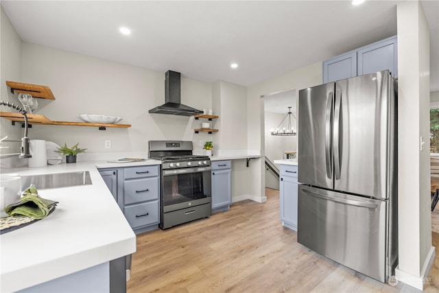 kitchen with sink, appliances with stainless steel finishes, light hardwood / wood-style floors, and wall chimney range hood