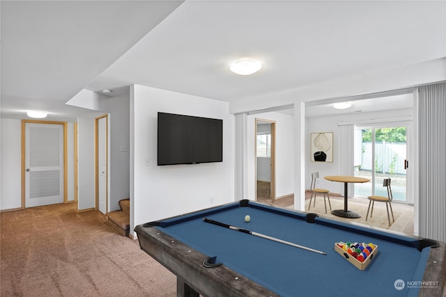 rec room with carpet flooring and billiards