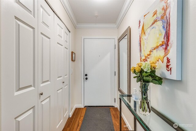 doorway featuring crown molding and dark wood-type flooring