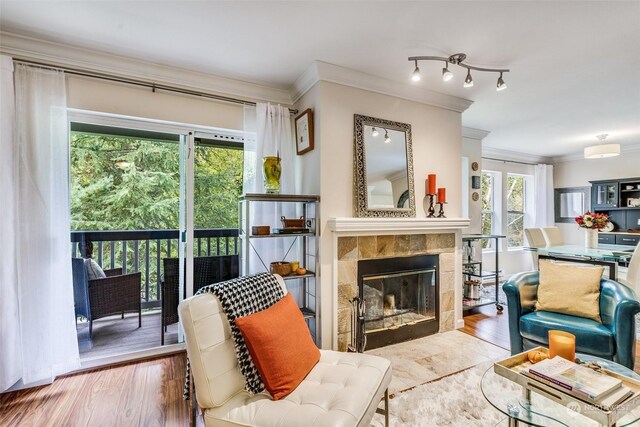 living room with light wood-type flooring, a fireplace, ornamental molding, and a healthy amount of sunlight