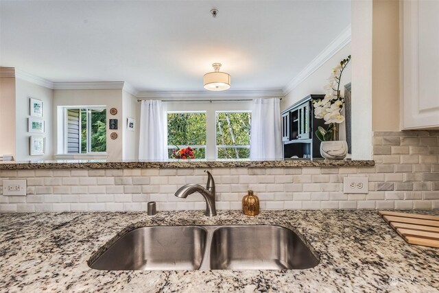 kitchen featuring light stone countertops, crown molding, tasteful backsplash, and sink