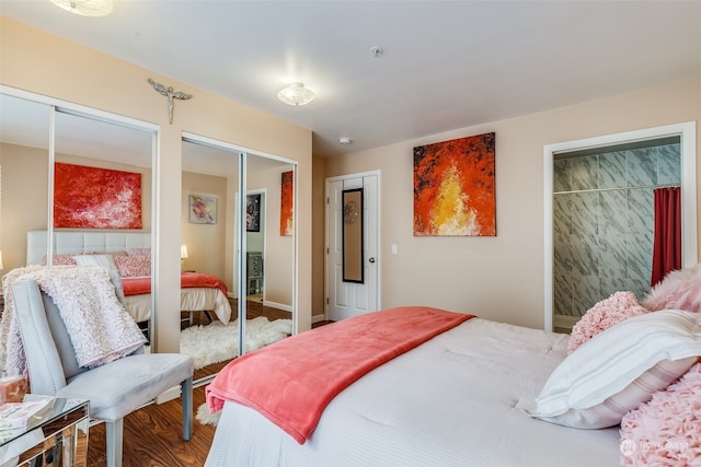 bedroom featuring wood-type flooring and multiple closets