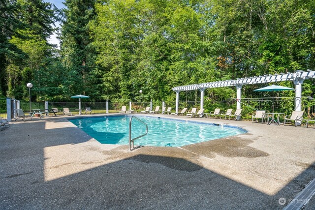 view of pool featuring a pergola and a patio area