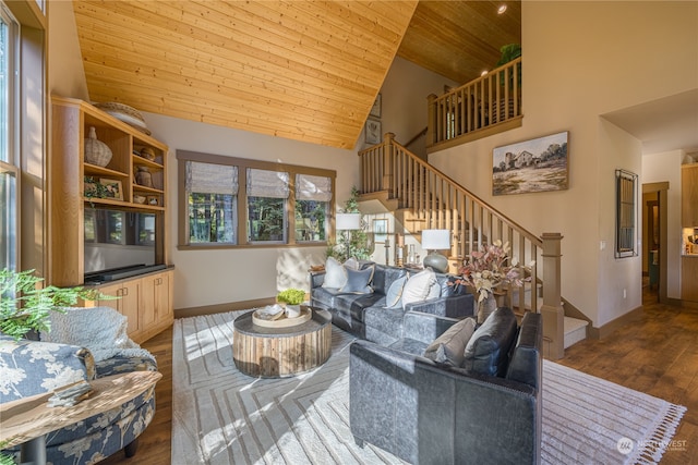 living room featuring high vaulted ceiling, wooden ceiling, and dark hardwood / wood-style flooring