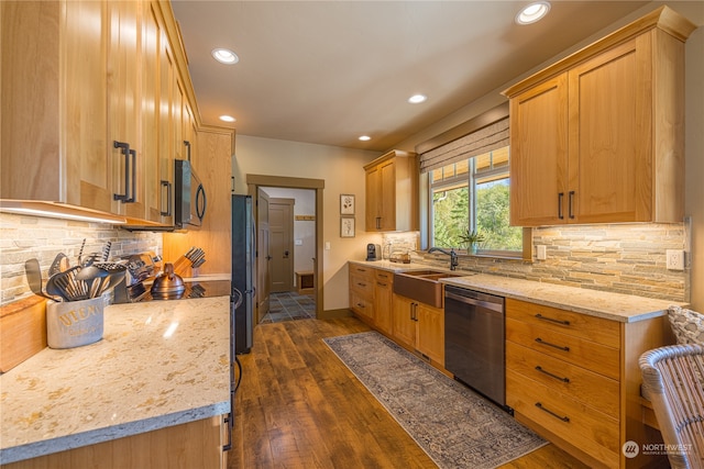 kitchen featuring light stone counters, appliances with stainless steel finishes, dark hardwood / wood-style flooring, and tasteful backsplash