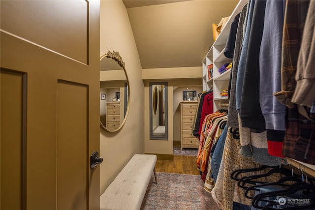 spacious closet featuring lofted ceiling and dark wood-type flooring