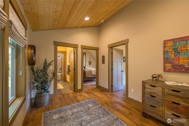 corridor with wood ceiling, lofted ceiling, dark hardwood / wood-style floors, and plenty of natural light