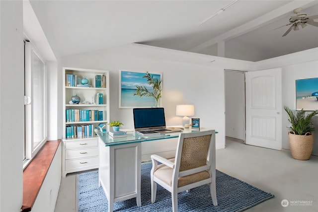 office area with lofted ceiling and ceiling fan