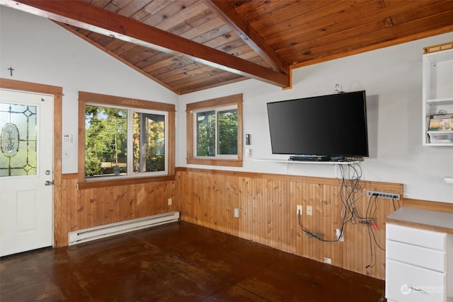 unfurnished living room featuring vaulted ceiling with beams, wood ceiling, wooden walls, and baseboard heating